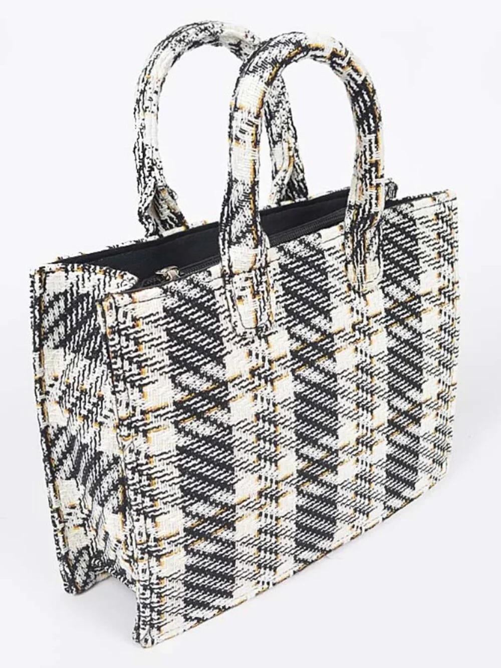 Tweed Plaid Medium Tote ✨ Chic Structured Handbag • Black & Cream Crossbody